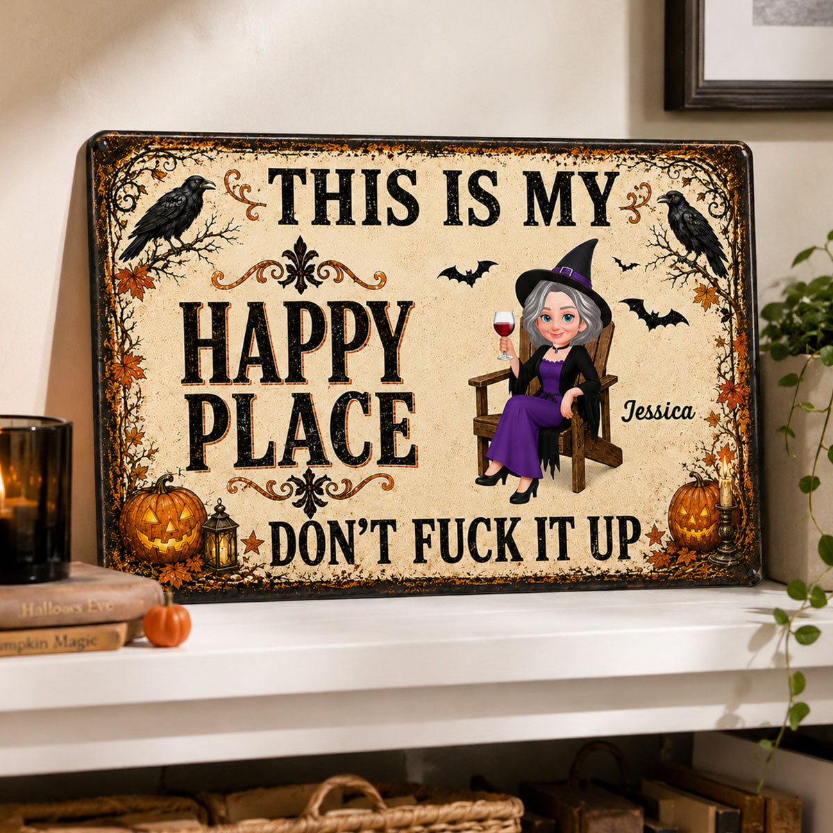 Happy Place Halloween Couple - Personalized Metal Sign - Halloween Gift For Him, Her