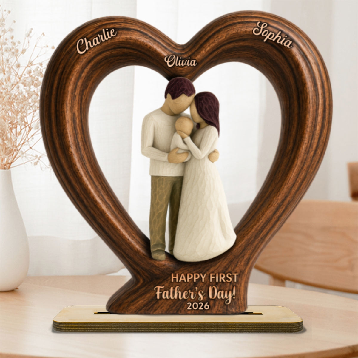 Happy First  Dad From Mom And Baby 2D Flat Heart - Personalized 2-Layered Wooden Plaque - Heartfelt  Gift For Husband, New Dad