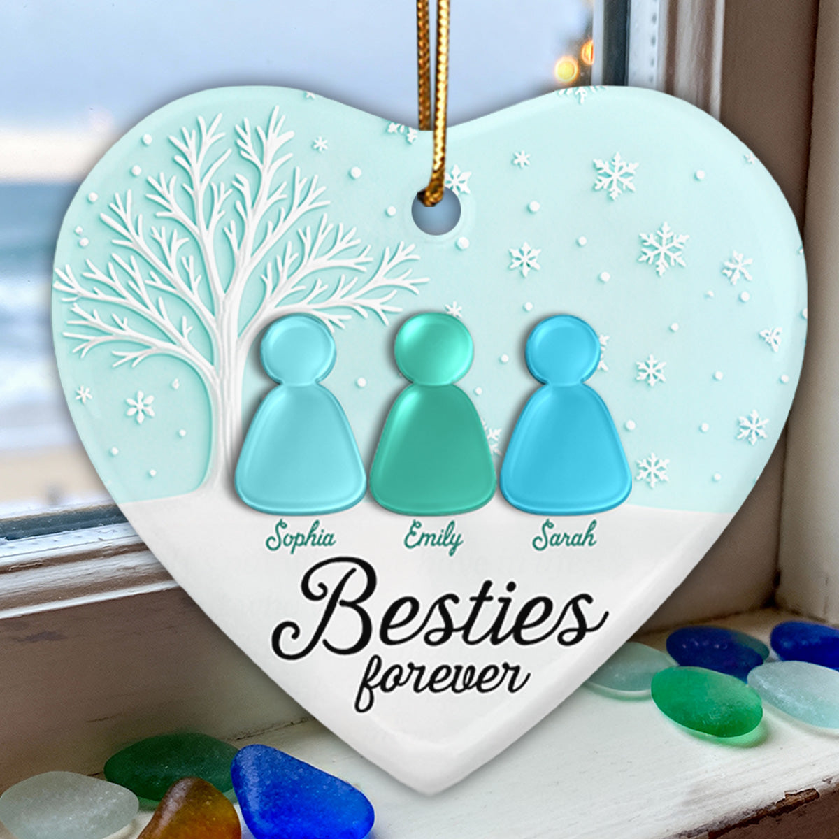3D Sea Glass Effect Christmas Besties Forever - Personalized Ceramic Ornament With Acrylic Pieces