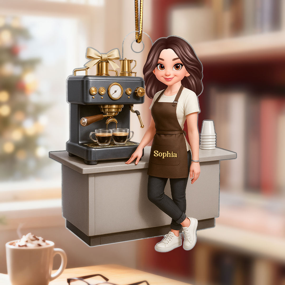 Espresso Machine Coffee Maker Diorama With Cups - Personalized Acrylic Ornament - Gift For Baristas And Coffee Lovers