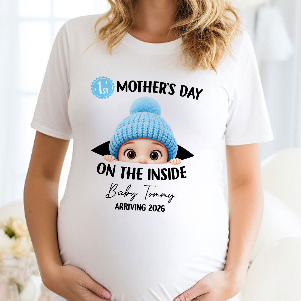 First Mother's Day on the Inside - Personalized Shirt - Baby Arriving Gift, Custom Pregnancy Announcement Tee
