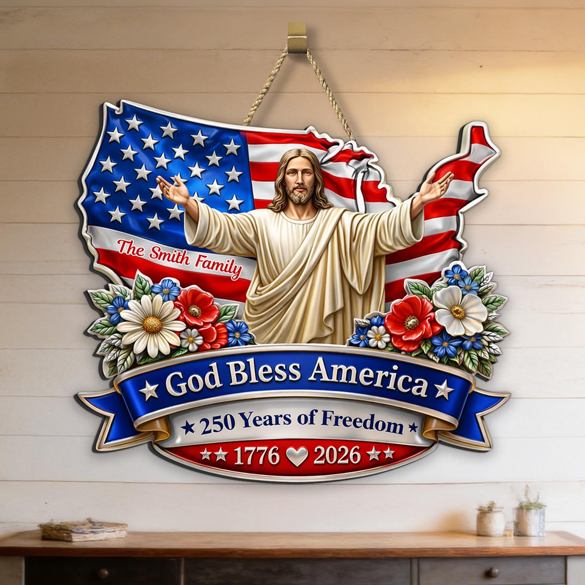 God Bless America - Personalized Wooden Sign - America 250th Anniversary, Personalized Gifts For Family