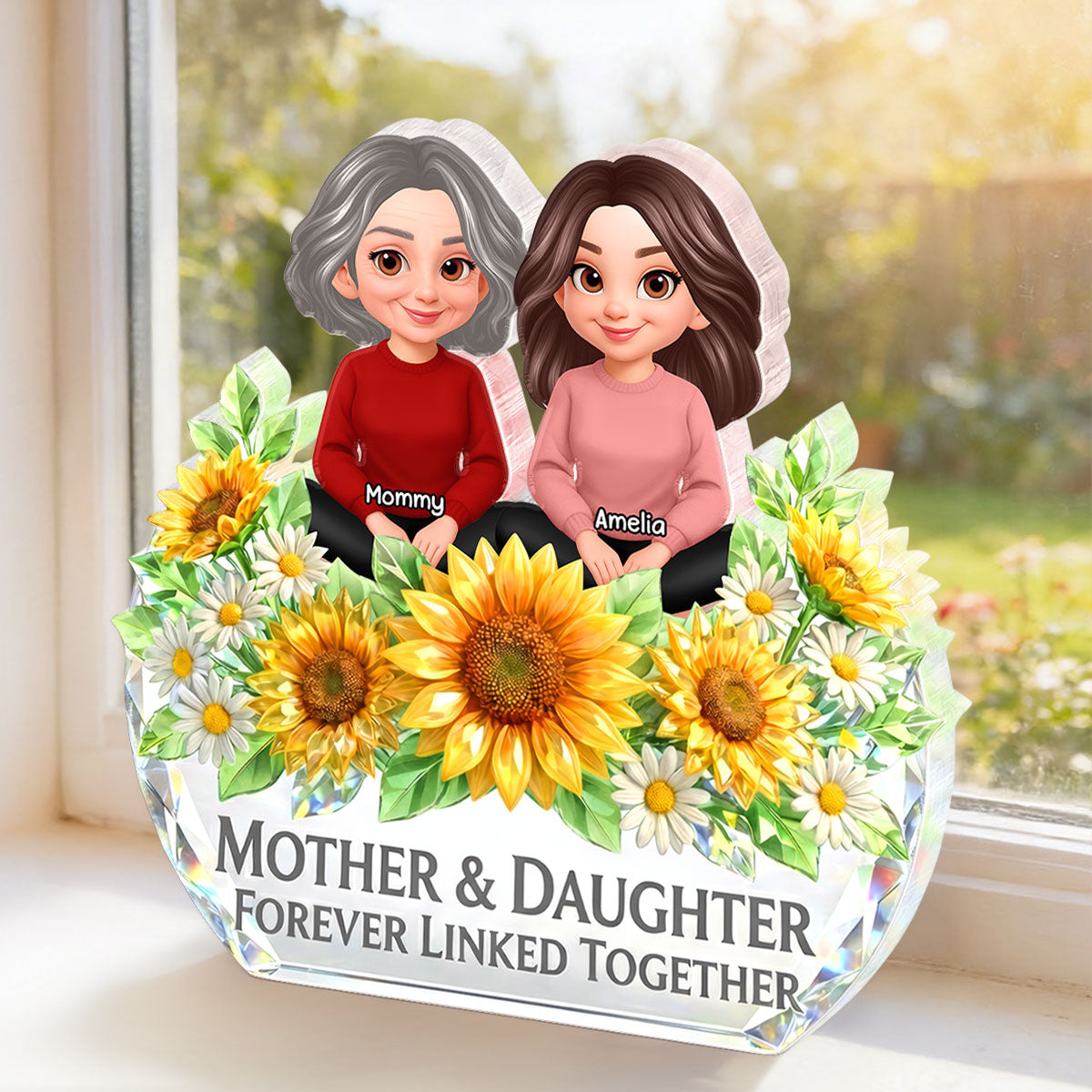 Mother Daughter Forever Linked Together Sunflower Pattern - Personalized Acrylic Block Plaque - Heartfelt Gift for Mom, Wife