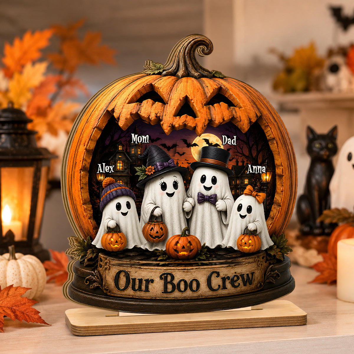 Ghost Family Our Boo Crew Pumpkin - Personalized 2-Layered Wooden Plaque - Halloween Decor Gift, Gift For Family