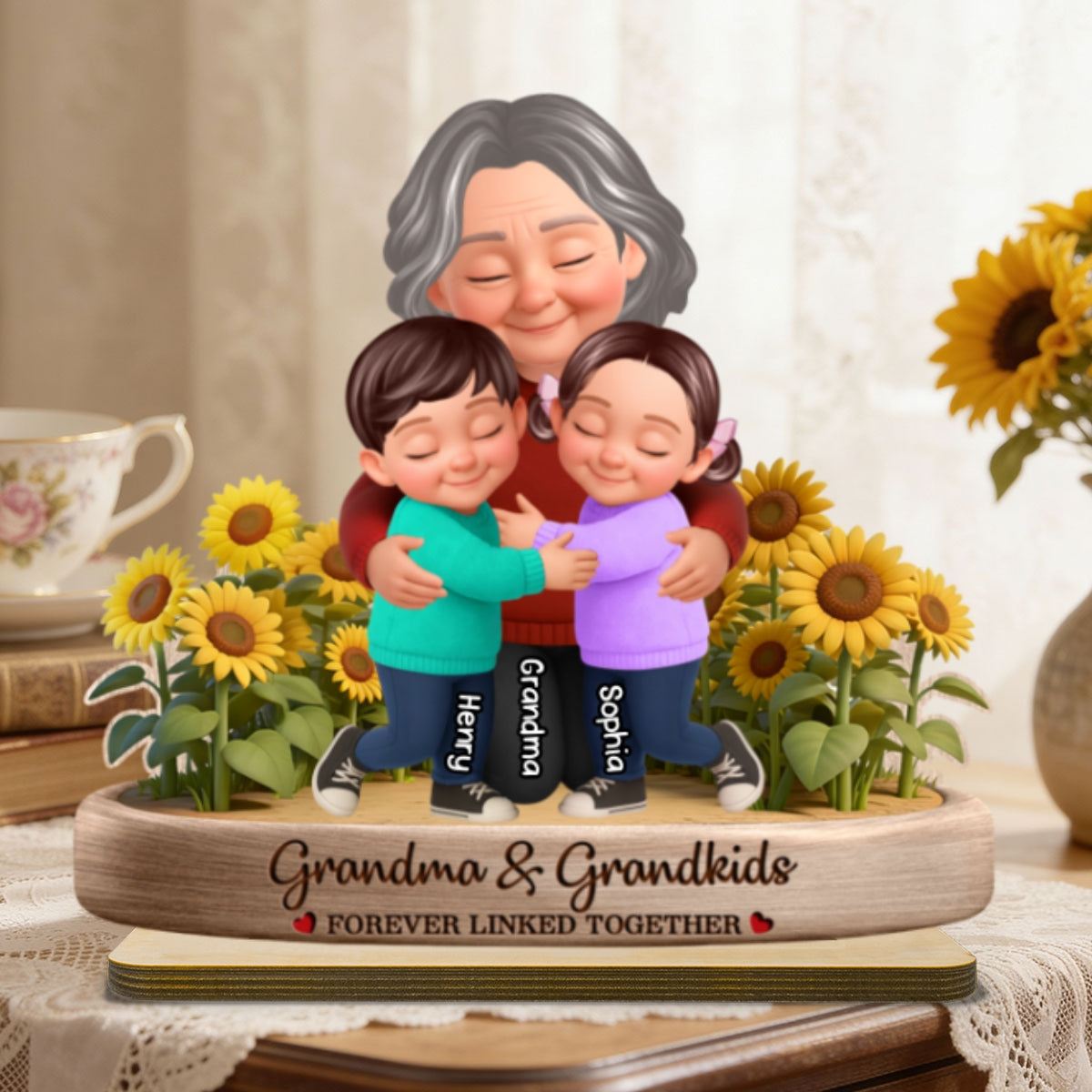 Grandma And Grandkids Forever Linked Together Sunflower Field - Personalized 2-Layered Wooden Plaque - Gift For Grandma