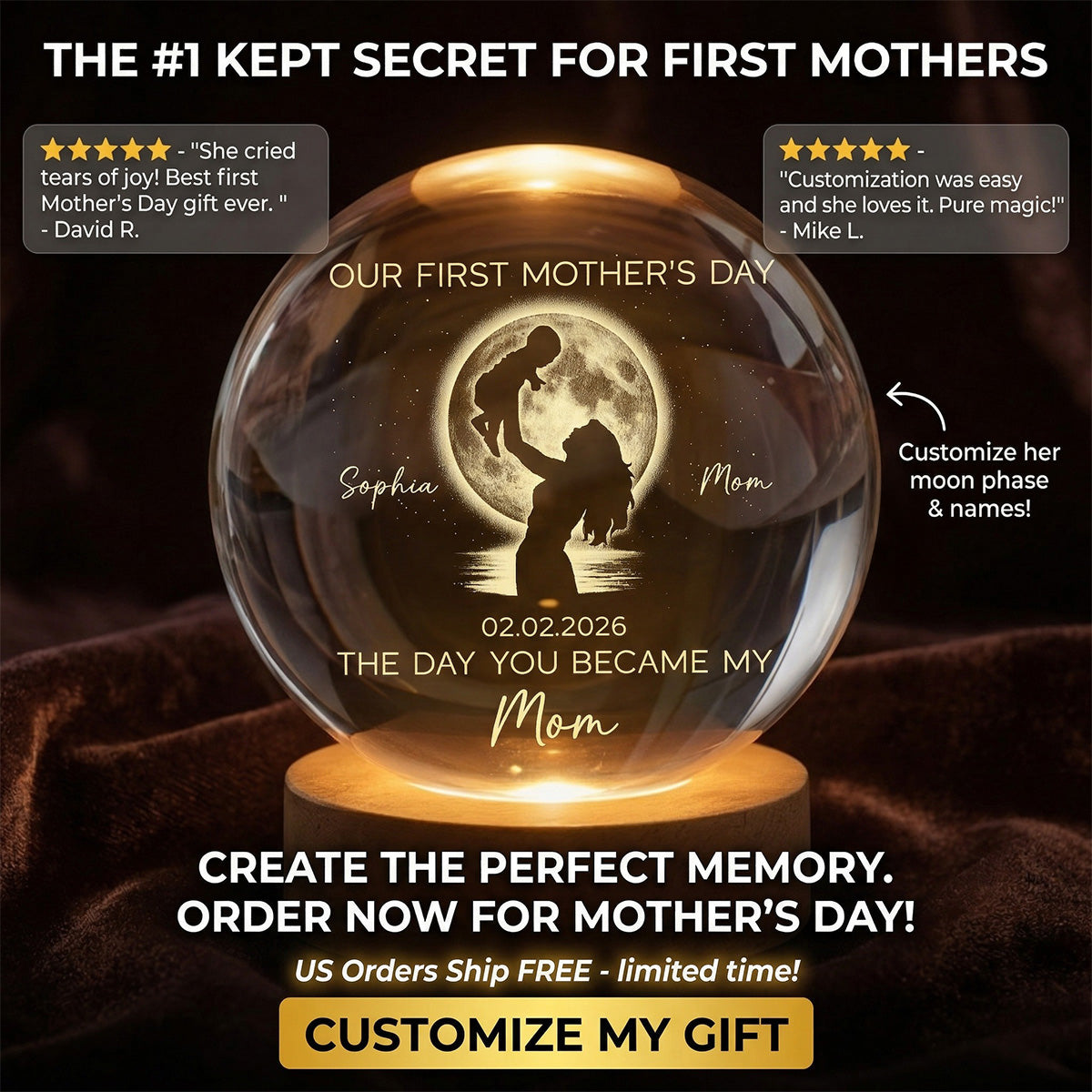 Custom Moon Phase First Mother's Day The Day You Became My Mom - Personalized Crystal Ball LED Night Light - First Mother's Day Gift For New Mom
