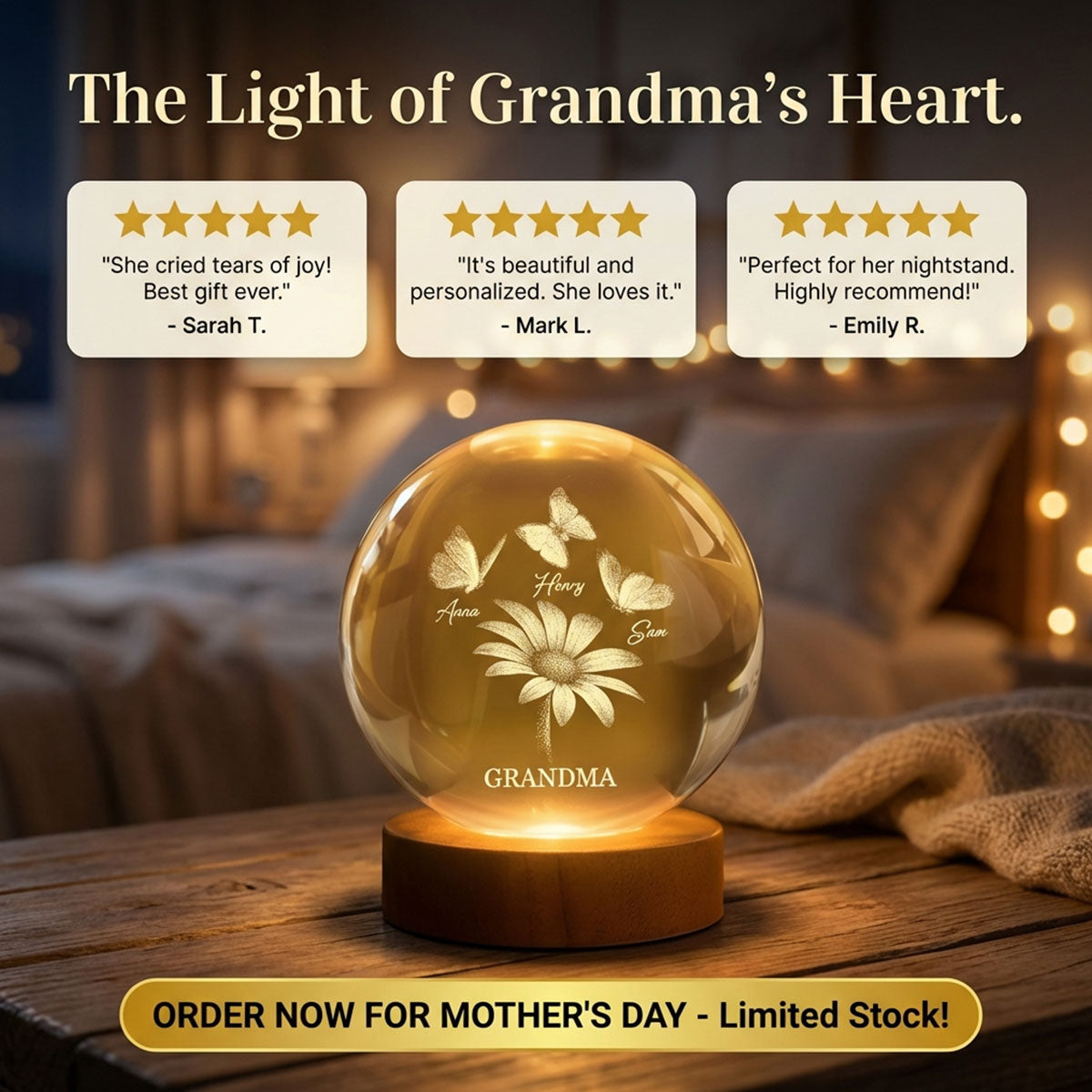 Daisy Flower Butterflies Grandma Grandkids - Personalized Crystal Ball LED Night Light - Mother's Day Gift For Grandma