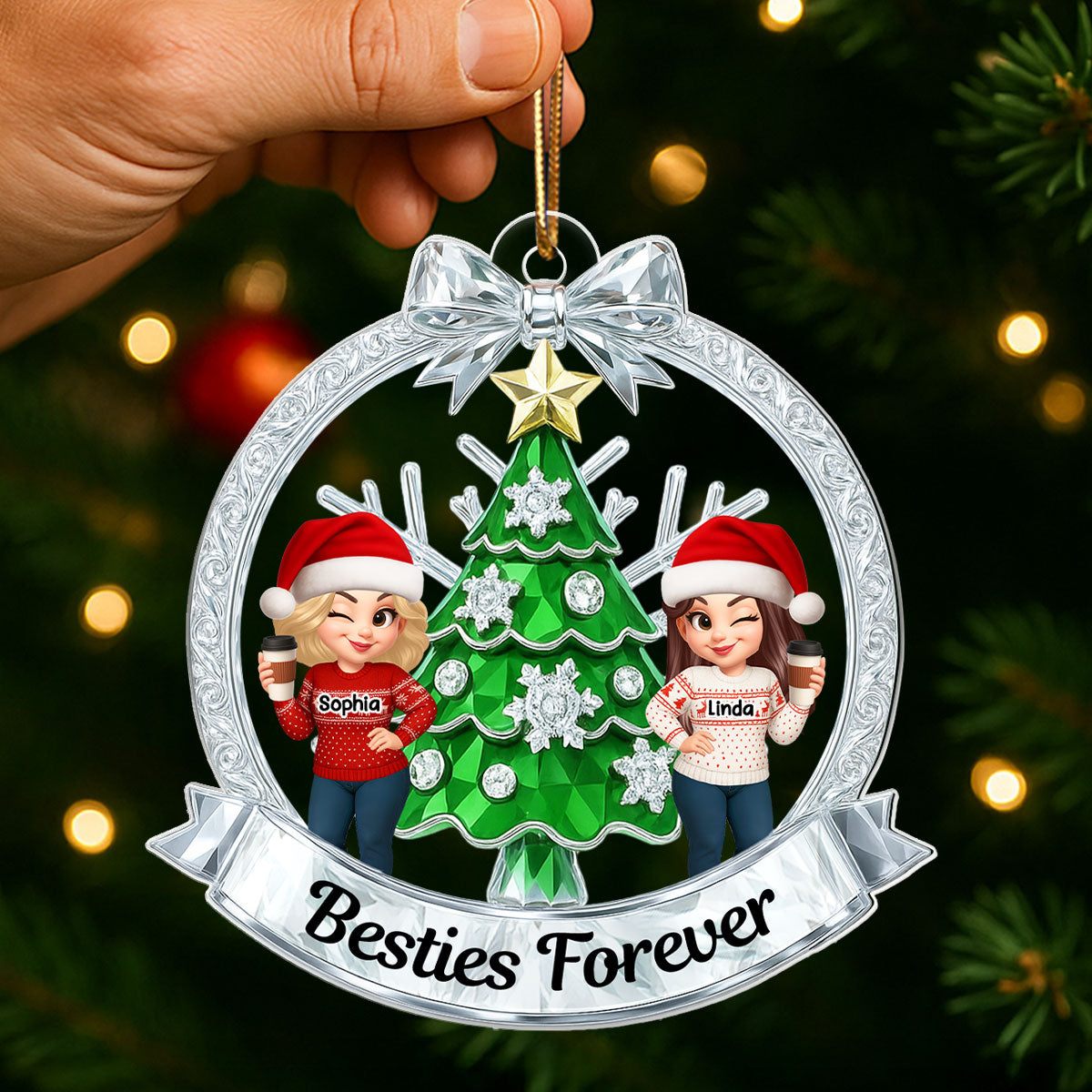 Besties on Crystal Effect Wreath - Personalized Acrylic Ornament - Christmas Gift for Besties