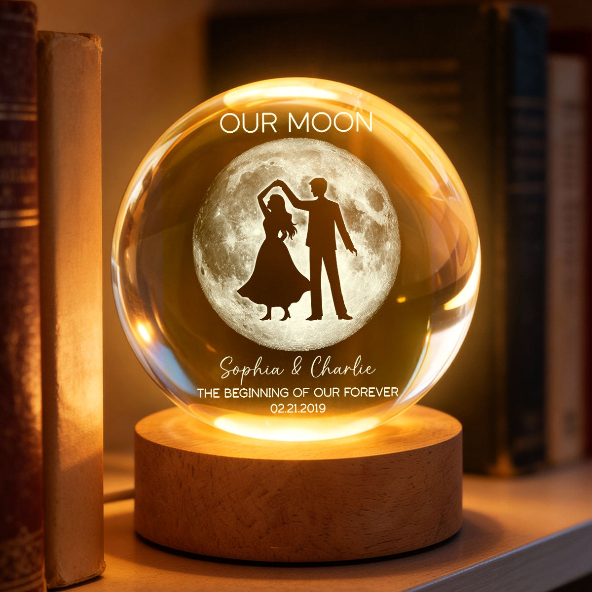 Couple Dancing in the Moonlight, Custom Moon Phase by Date - Personalized Crystal Ball LED Night Light, Sentimental Valentine's Day Gift for Her, for Him