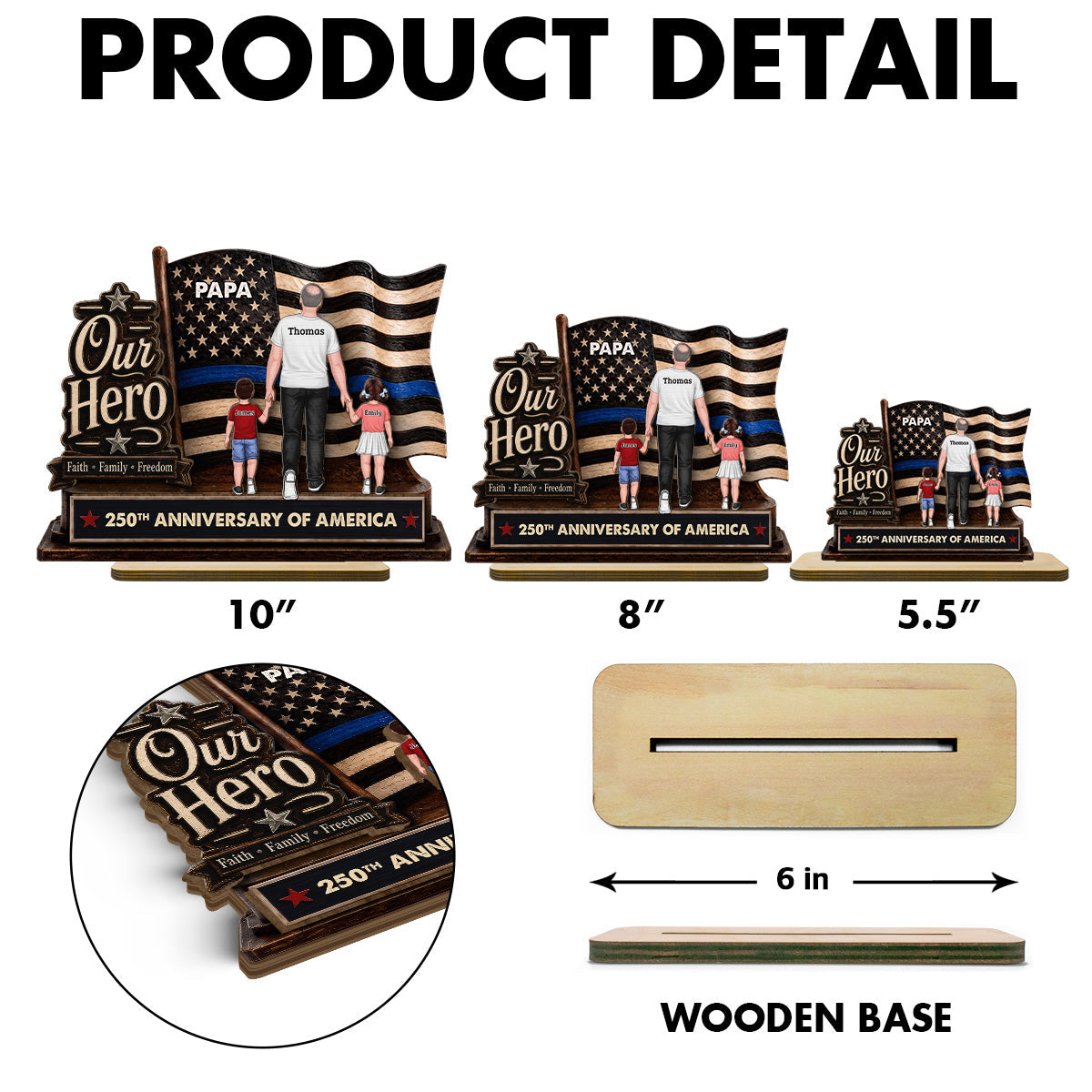 Dad Grandpa Our Hero American Flag 2D Flat - Personalized 2-Layered Wooden Plaque -  Gift For Patriotic Dad, Grandpa, Husband