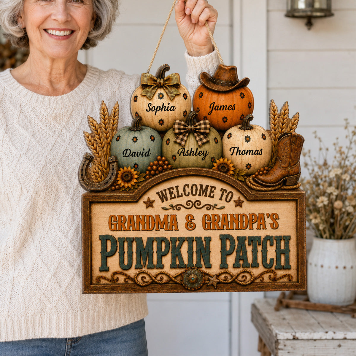 Western Vibe Welcome To Grandma Grandpa Pumpkin Patch 2D Flat - Personalized Wood Sign