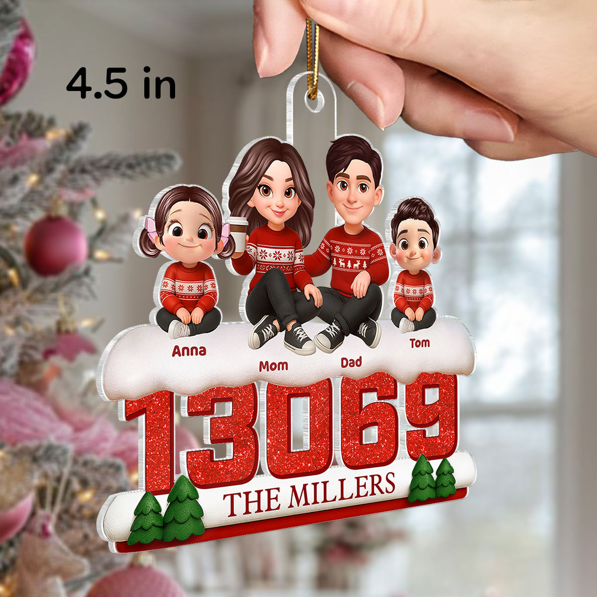 3D Effect Cartoon Family Sitting On Snow Zip Code - Personalized Acrylic Ornament