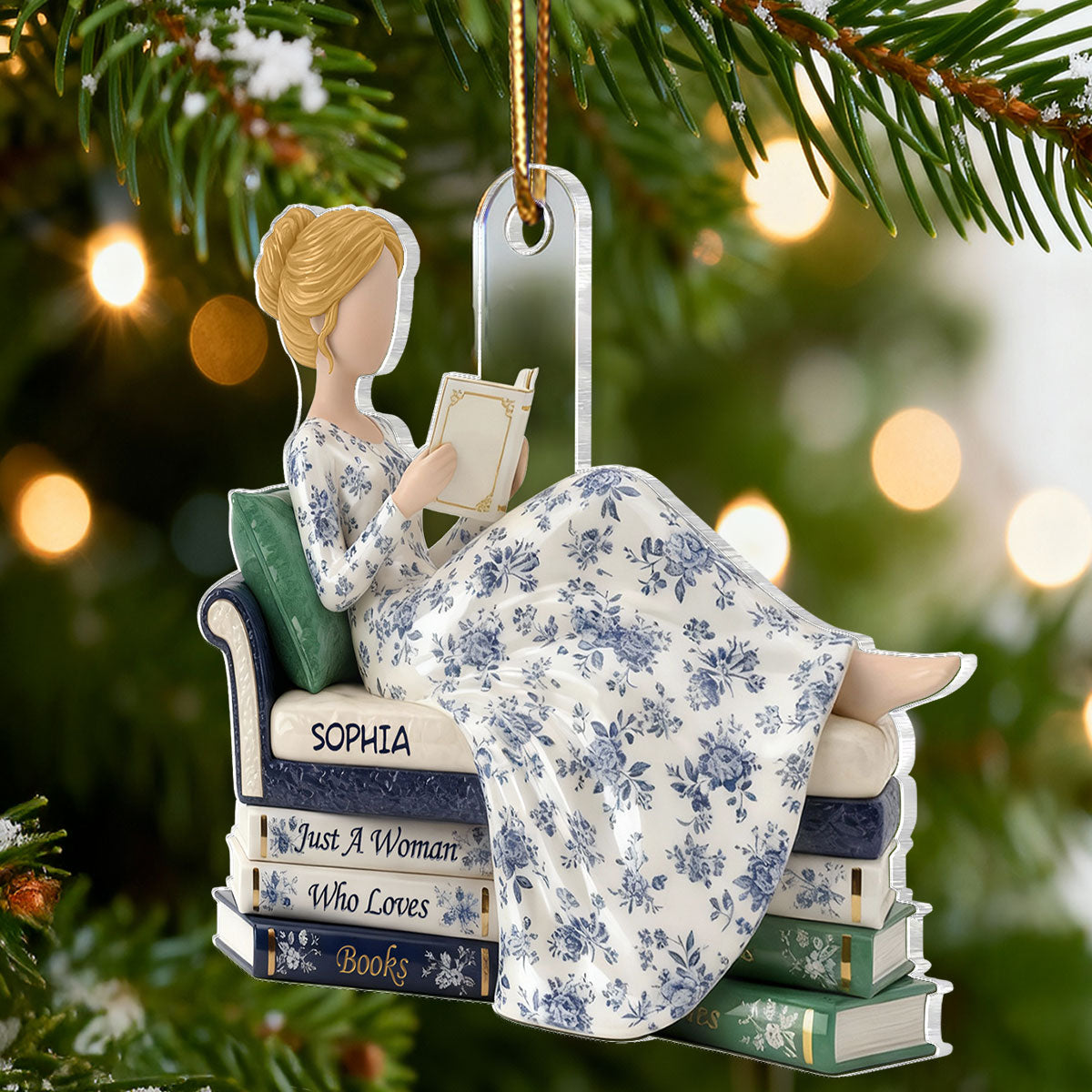 3D Effect Girl Reading Books On Sofa Toile De Jouy Pattern - Personalized Acrylic Ornament - Christmas Gift For Book Lover, Bookworm