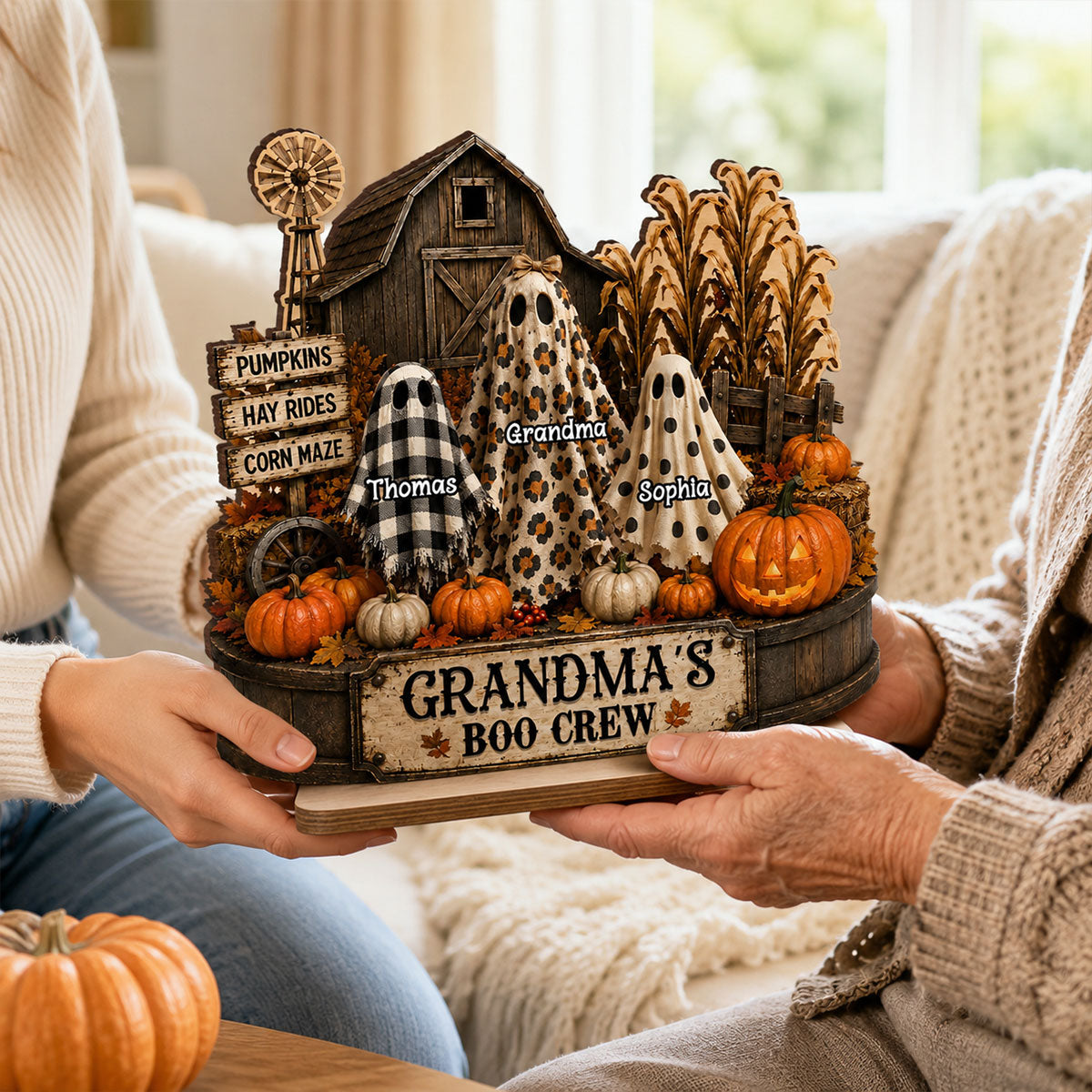 Grandma's Boo Crew Pumpkin Patch - Personalized 2-Layered Wooden Plaque - Halloween Fall Decor for Grandma