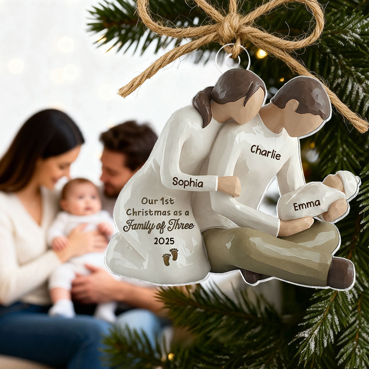 3D Effect First Christmas As Family Of Three Mom Dad Holding Baby - Personalized Acrylic Car Hanger