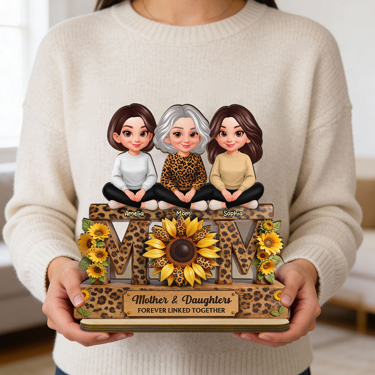 Beautiful Leopard Sunflower You Are My Sunshine MOM And Daughters Sons - Personalized 2-Layered Wooden Plaque - Gift For Mom