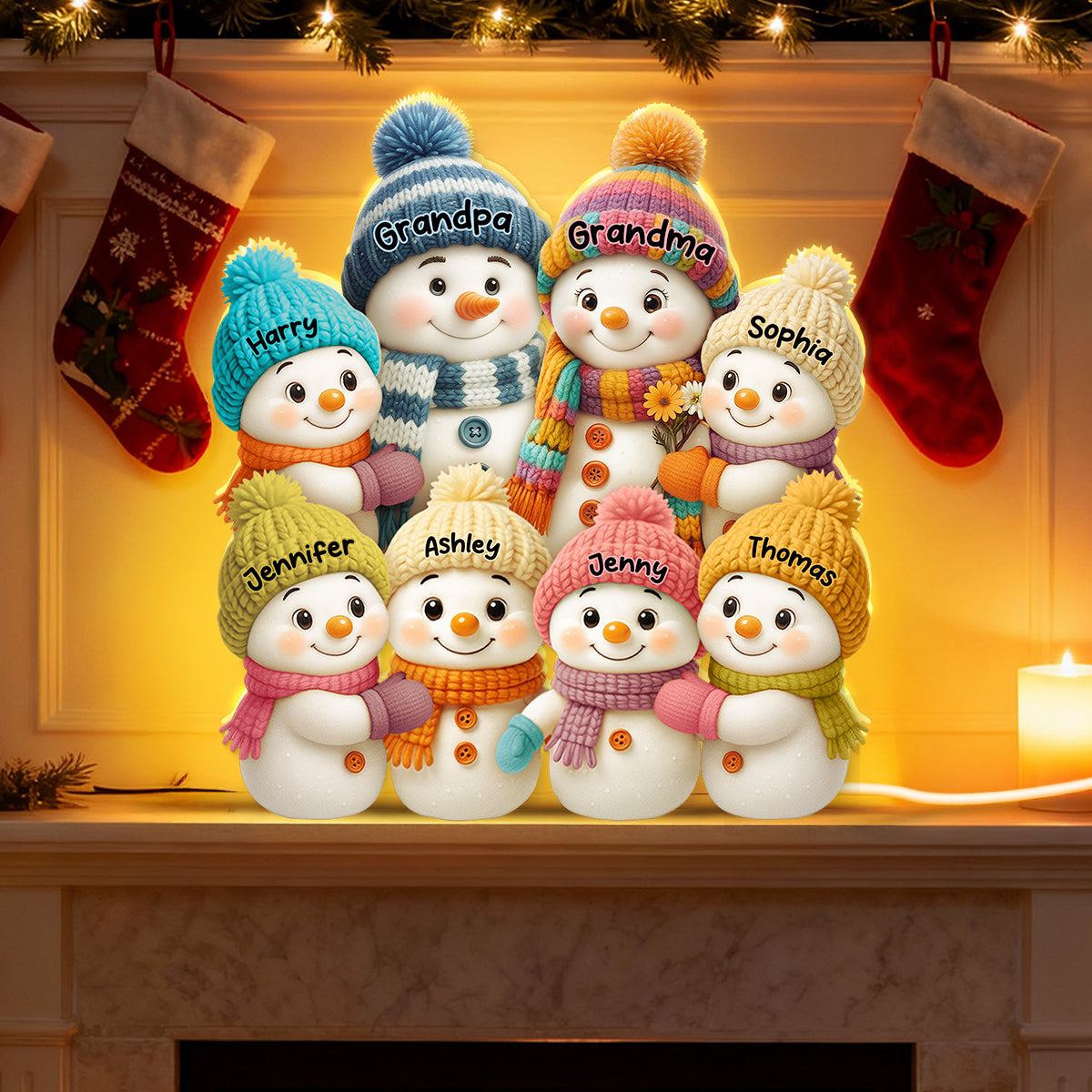 3D Effect Snowman Grandma, Grandpa, Grandparents and Grandkids Personalized Light Box - Christmas Gift for Family, Grandma, Grandpa