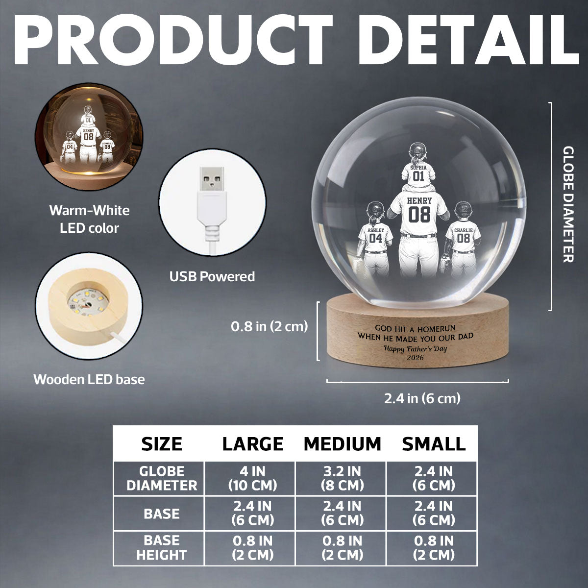 We Caught the Best Dad - Personalized Crystal Ball LED Night Light -  Gift for Dad, Husband