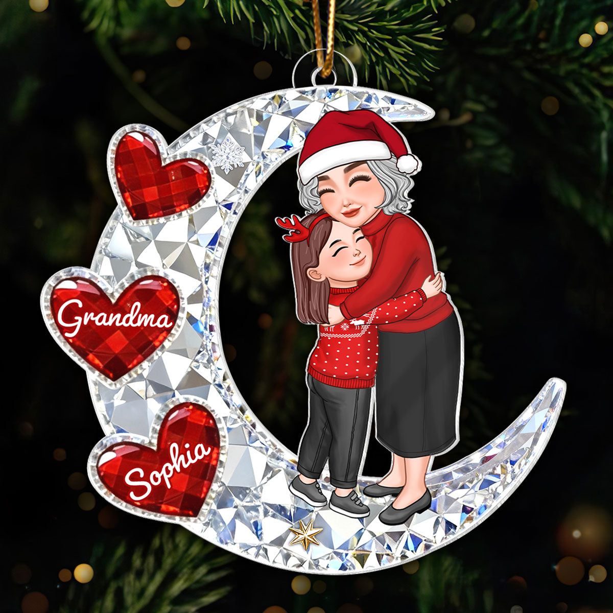 3D Crystal Effect Grandma Grandkid Hugging on Moon - Personalized Acrylic Ornament - Christmas Gift for Grandma, Grandkids