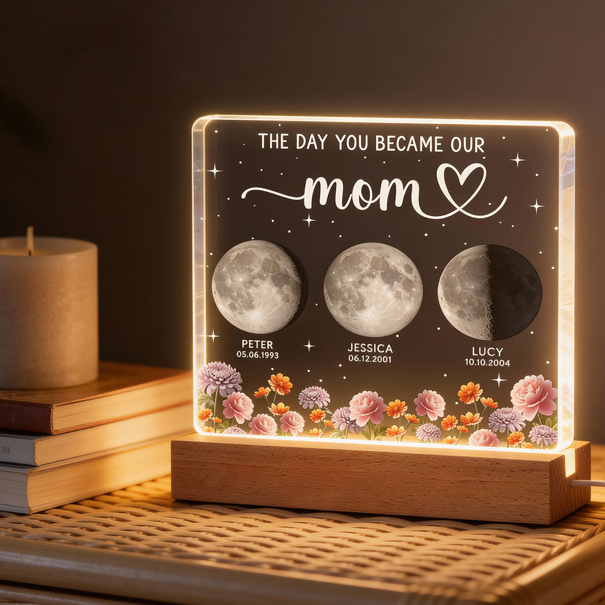 The Day You Became Our Mom, Custom Moon Phase by Date - Personalized Acrylic Block LED Night Light, Custom Birth Flowers, Mother's Day Gift for Mom