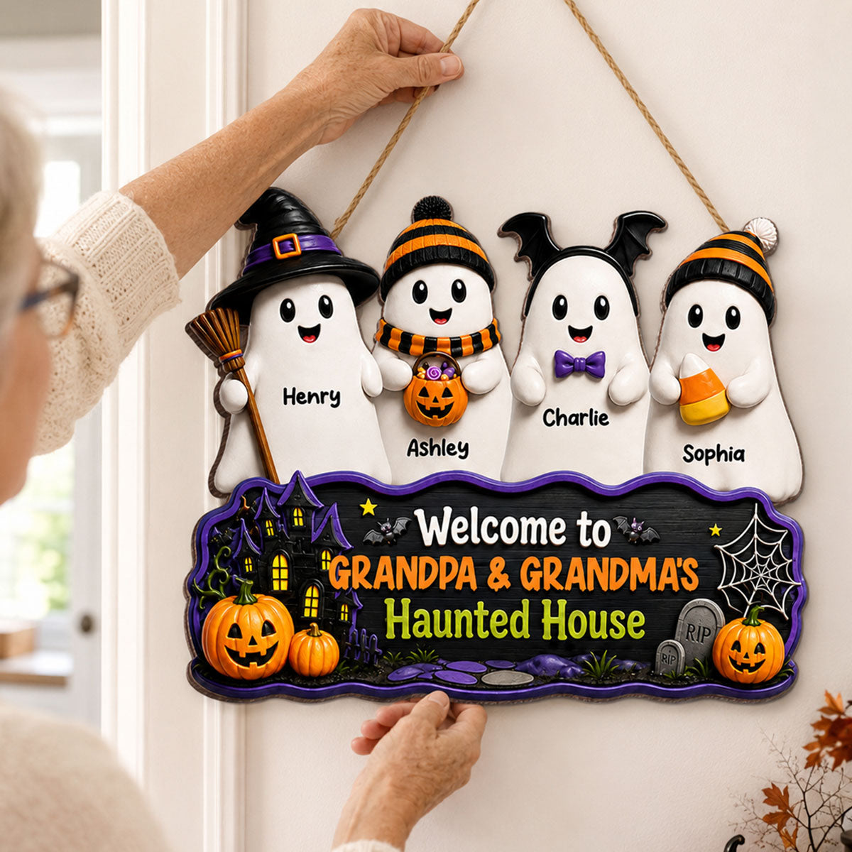 Halloween Welcome To Grandma Grandpa Haunted House Cute Boo Kids - Personalized Wood Sign - Halloween Decoration For Grandparents