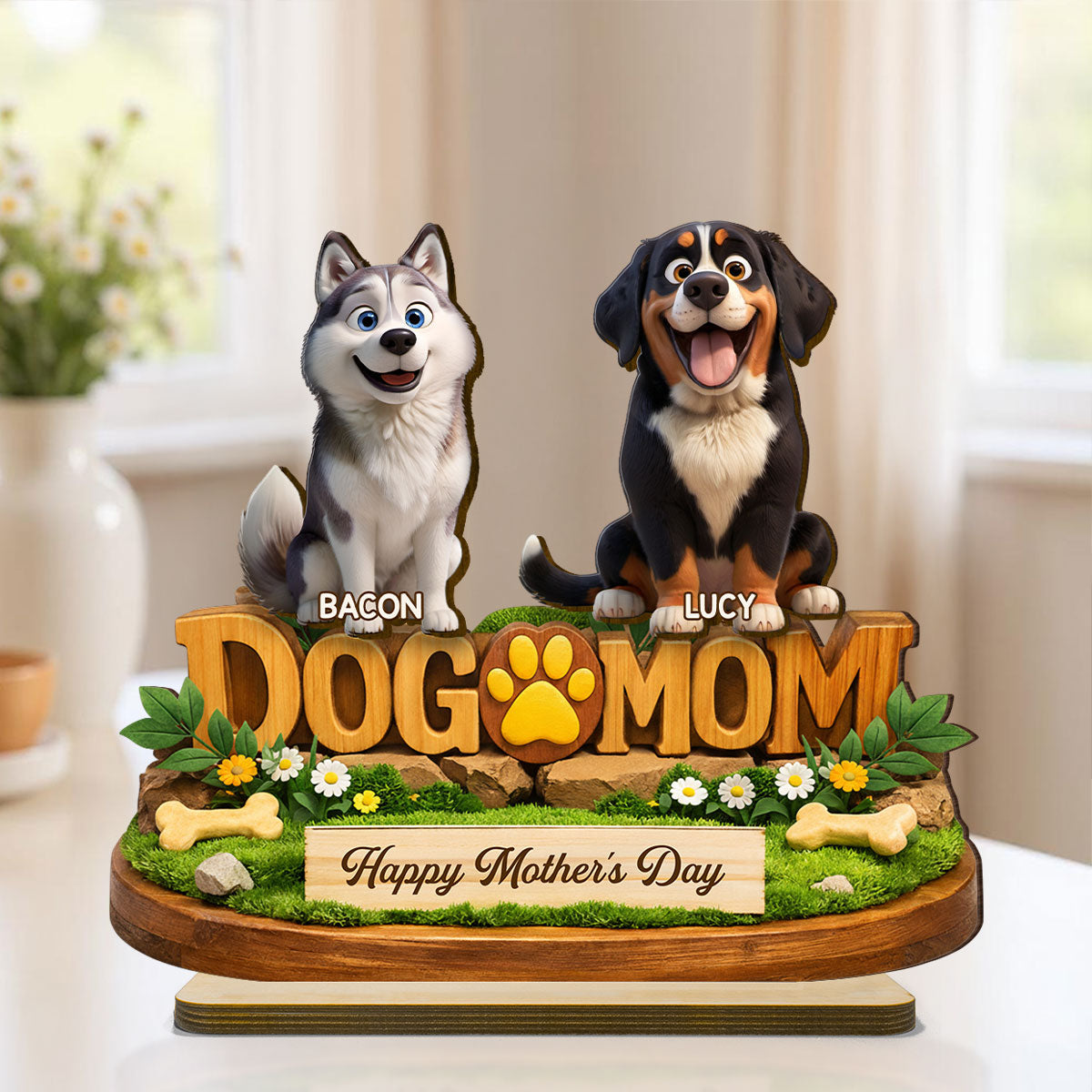 Happy Mother's Day Dog Mom - Personalized 2-Layered Wooden Plaque - Gift for Dog Lovers