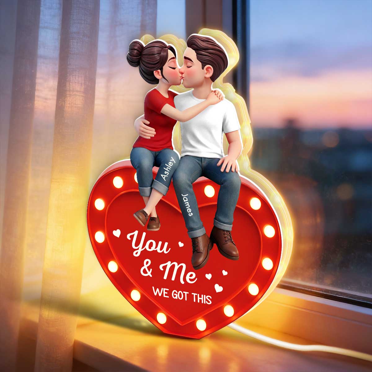 Everlasting Heart LOVE Couple Sitting Kissing - Personalized Light Box - Valentine's Day Gift For Couple, For Him, For Her