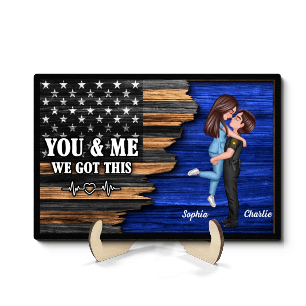 Saving Lives Together Hero Couple Half Flag Gifts by Occupation Gift For Her Gift For Him Firefighter, Nurse, Police Officer Personalized 2-Layer Wooden Plaque