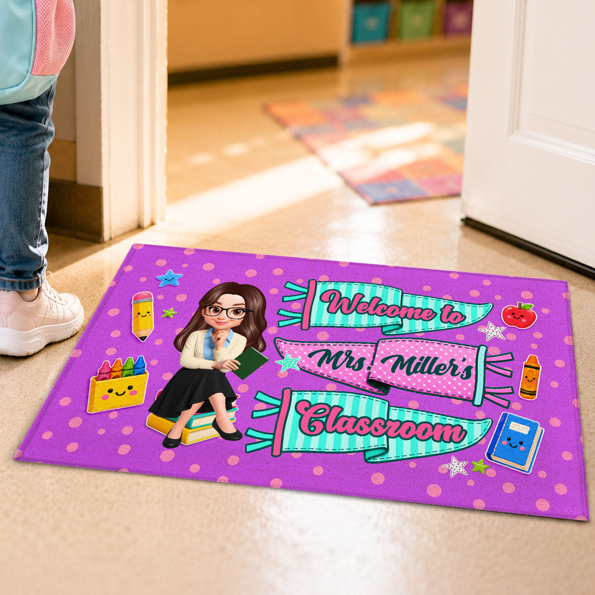 Neon Pennants Flags Teacher Welcome To Classroom - Personalized Doormat - Back To School Gift For Teacher, Classroom Decor