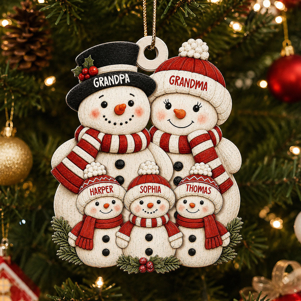 Cute Snowman Grandparents & Grandkids 2D Flat Printed - Personalized Wooden Ornament - Christmas Tree Decor For Family, Grandma, Grandpa