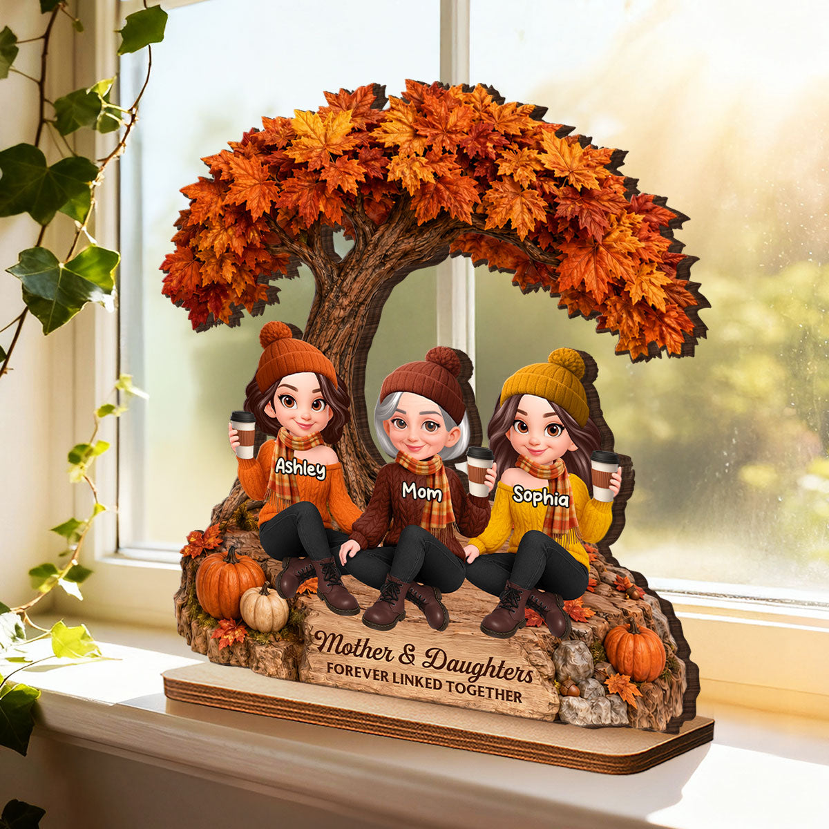 Cozy Warm Fall Season Mom And Daughters - Personalized 2-Layered Wooden Plaque - Fall Gift For Mom, Daughters