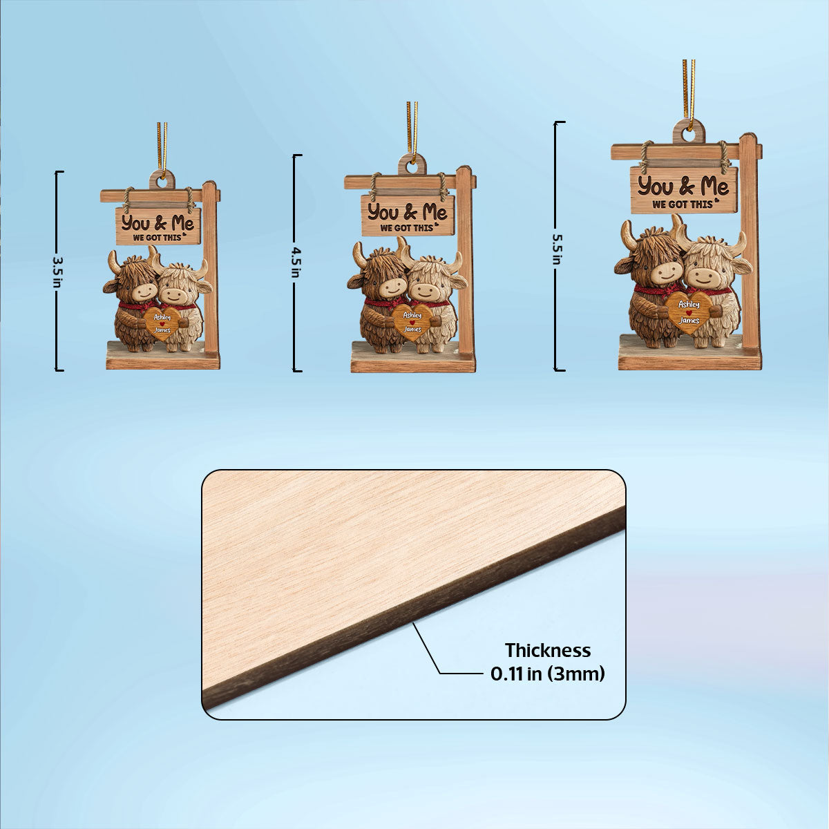 3D Effect Highland Cows Couple - Personalized Wooden Ornament - Gift For Him, Gift For Her