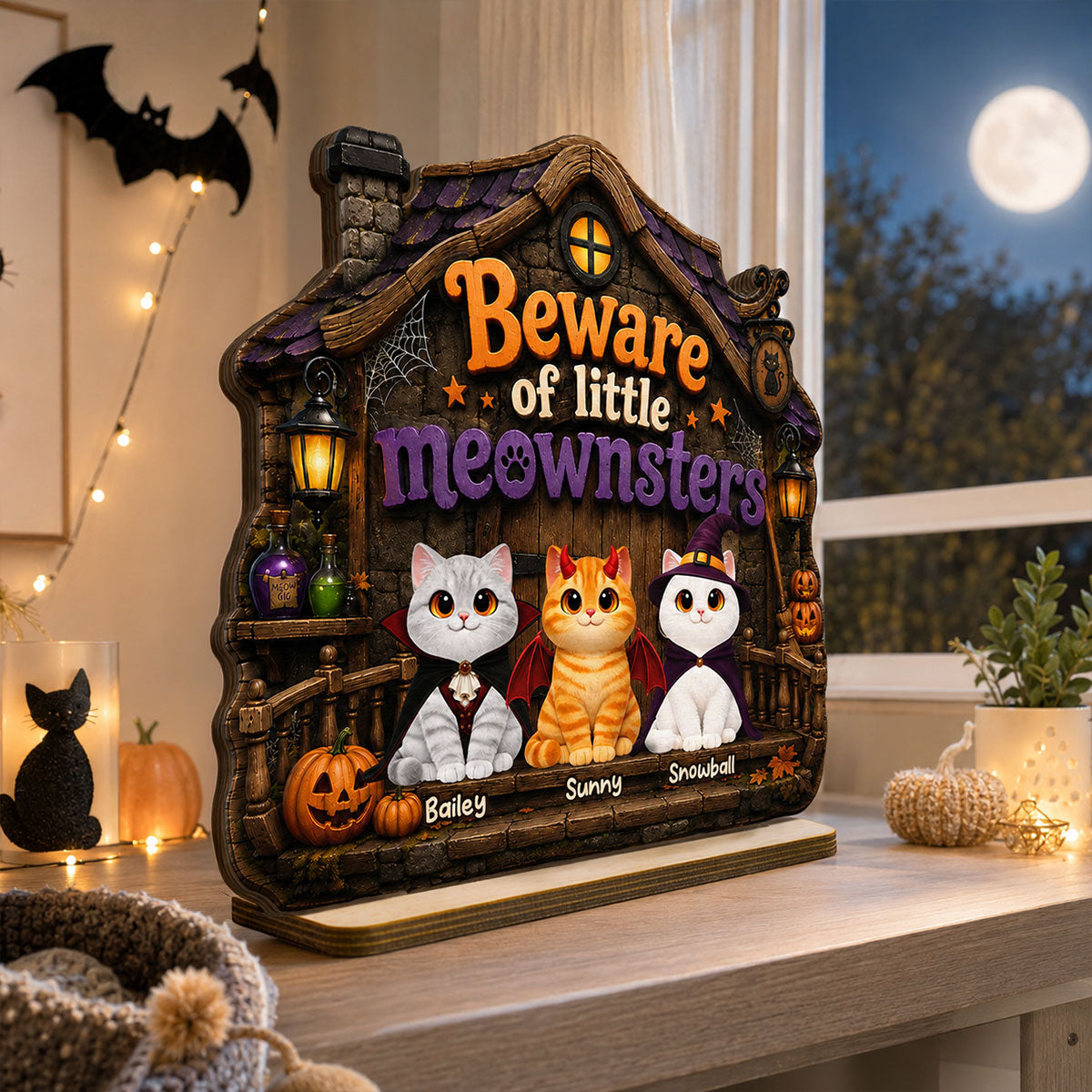 Spooky Halloween Beware of Little Meownsters Cats - Personalized 2-Layered Wooden Plaque - Halloween Gift For Cat Lovers, Halloween Decor