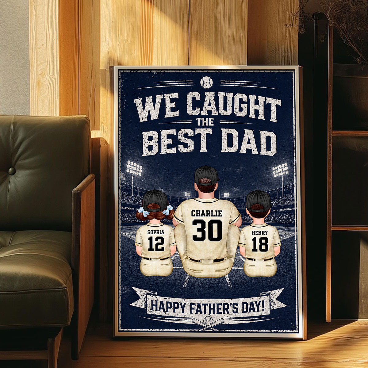 Retro Vintage Baseball Wall Art We Caught the Best Dad - Personalized Poster - Father's Day Gift for Dad, Husband