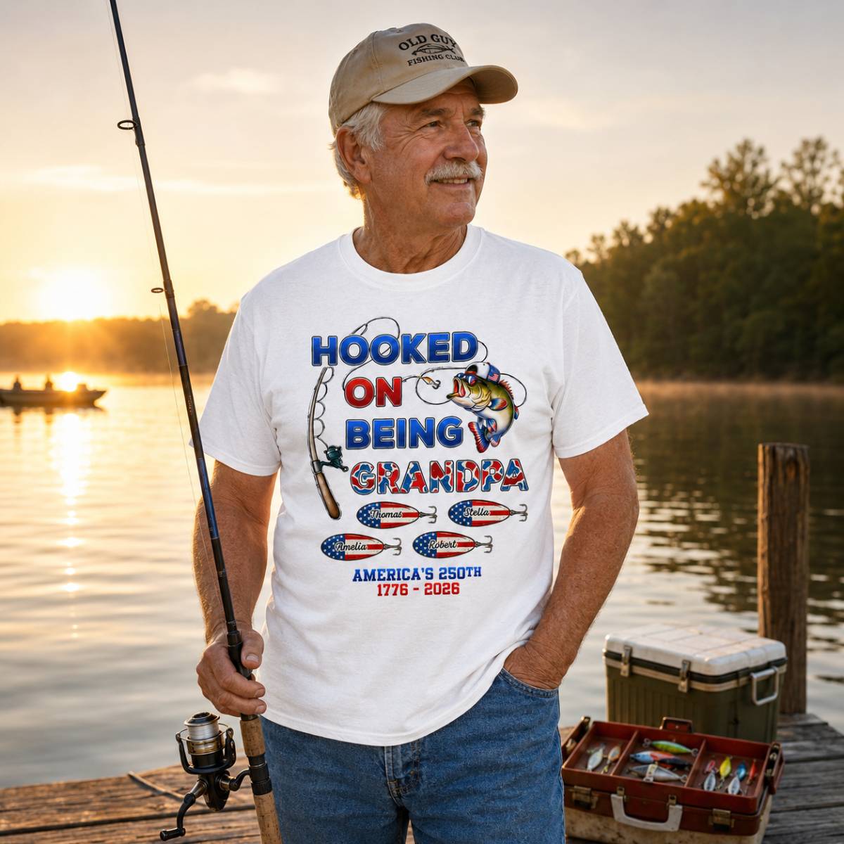 Fishing Grandpa Hooked On Freedom America 250th Anniversary - Personalized Shirt - Gift For Grandpa, 250 Years Of Freedom