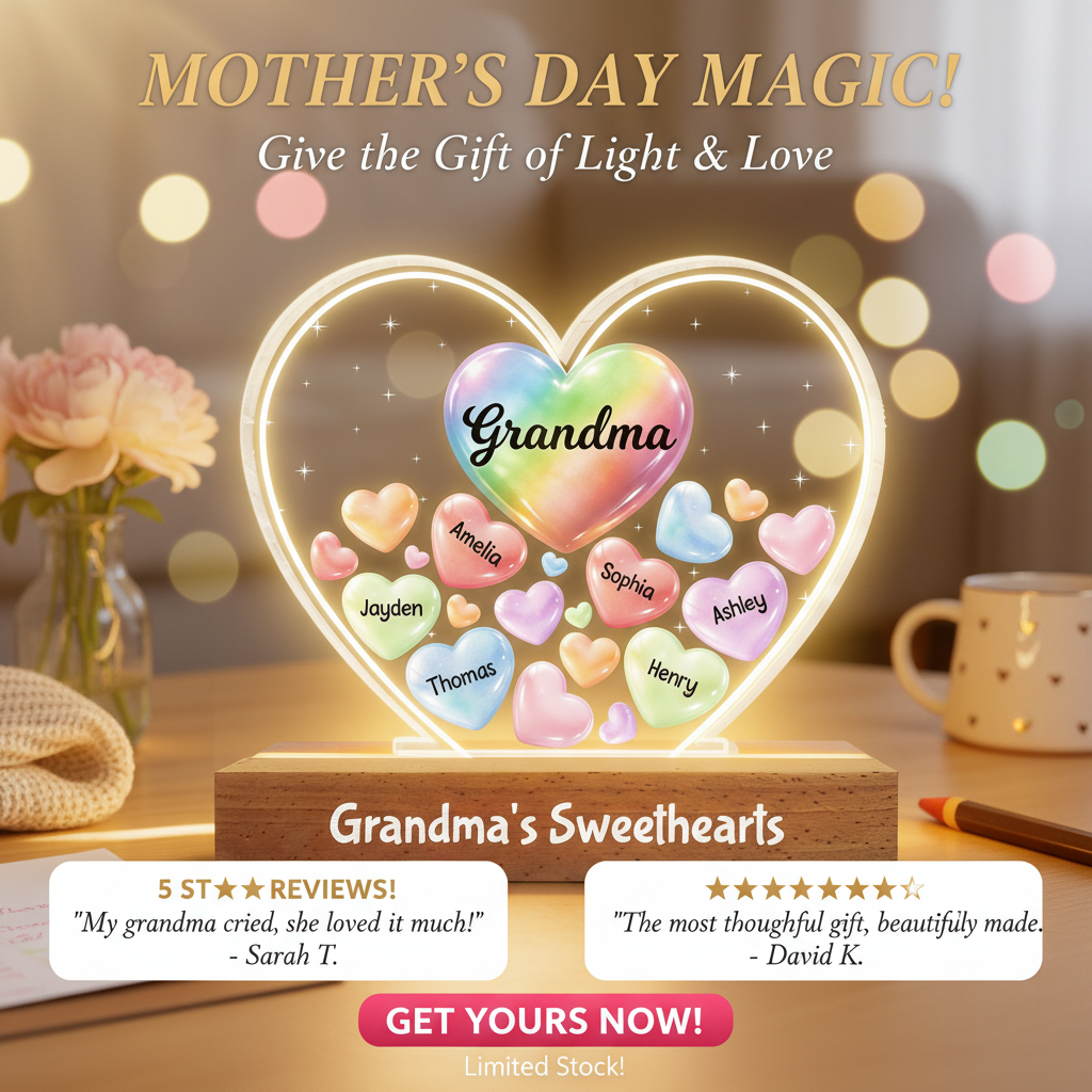 Grandma's Sweethearts In Heart - Personalized Acrylic Block Plaque LED Night Light - Gift For Grandma