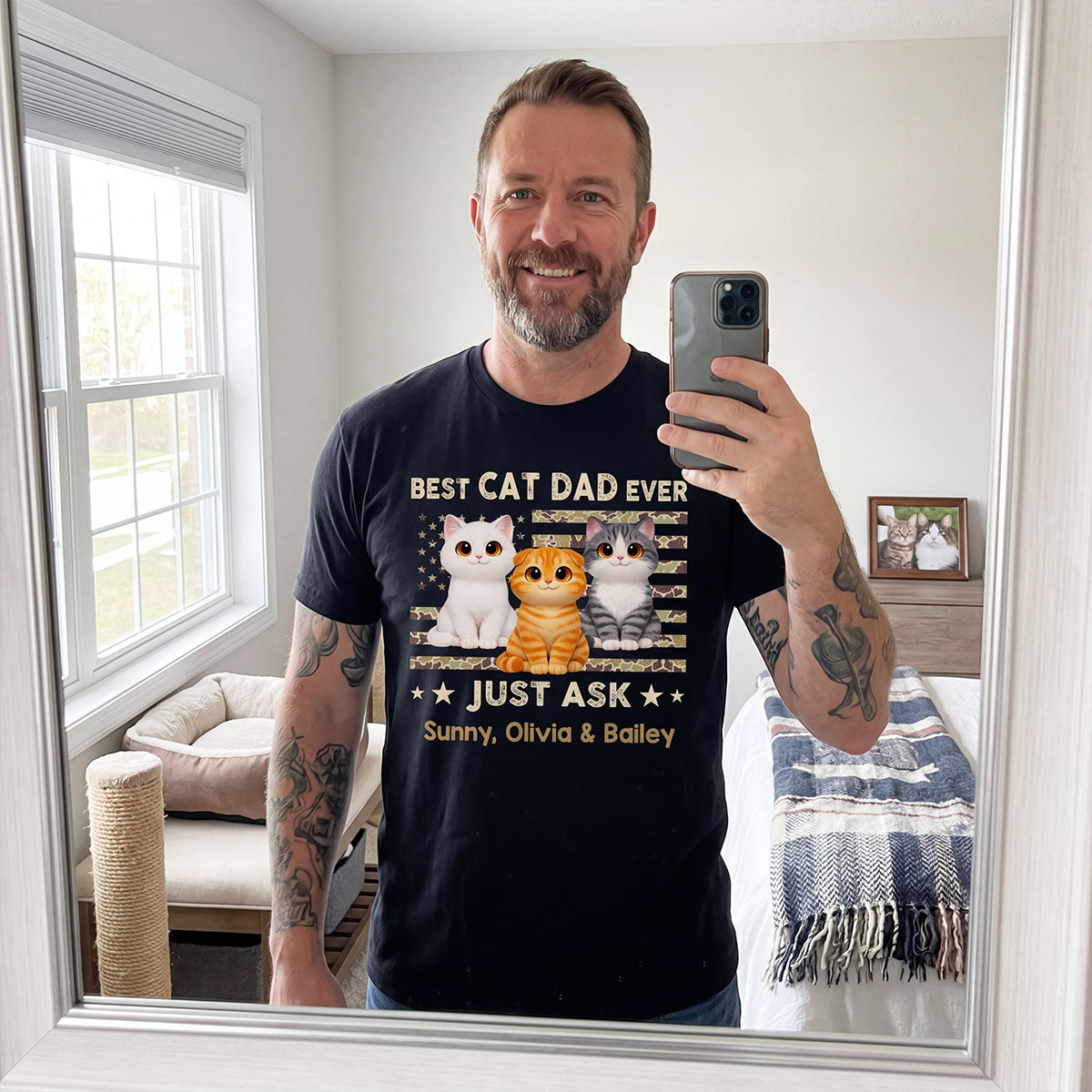 Best Cat Dad Ever Trendy Camouflage Pattern Nation Flag  - Personalized Shirt - Father's Day Gift For Cat Dad, Cat Lovers