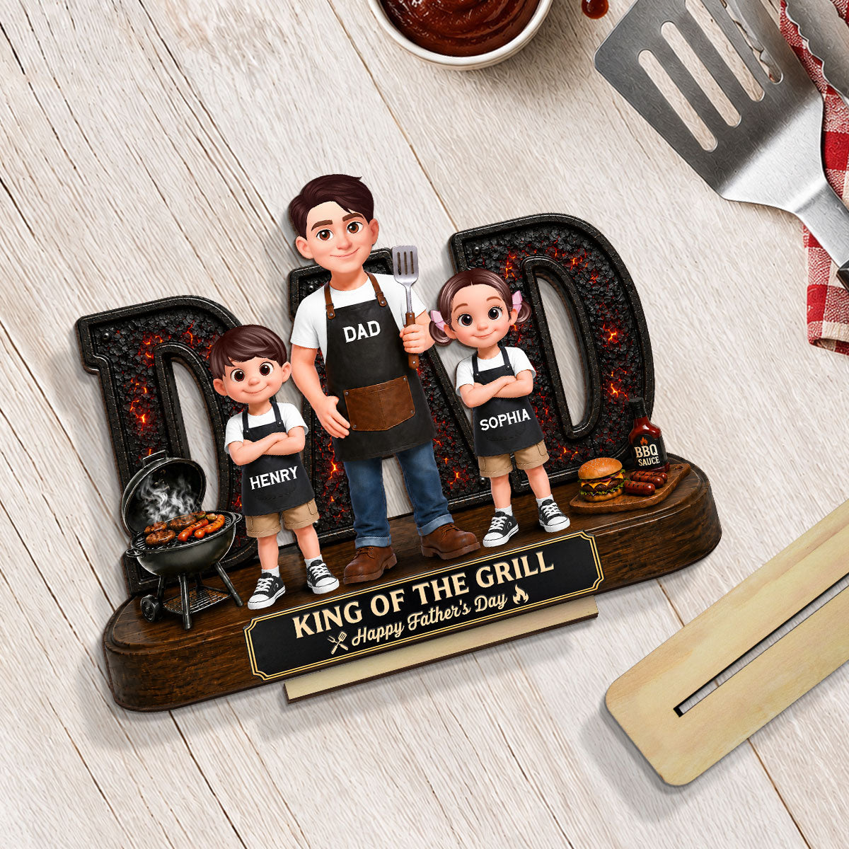 BBQ King Of The Grill Dad - Personalized Wooden Plaque -  Gift For Dad, Husband
