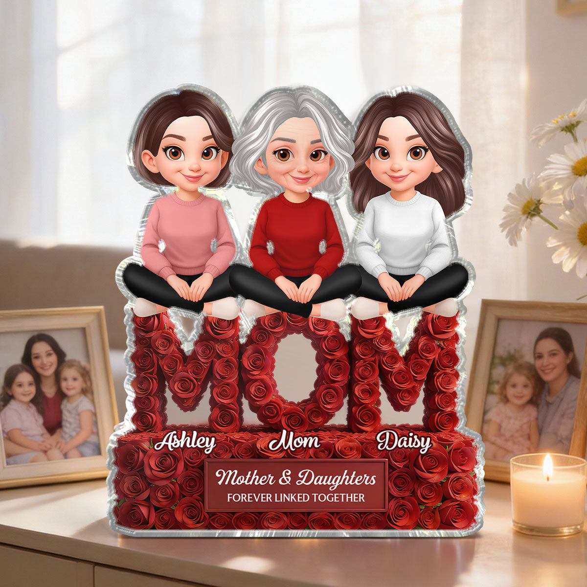 Roses MOM And Daughters Sons - Personalized Acrylic Block Plaque - Gift For Mom