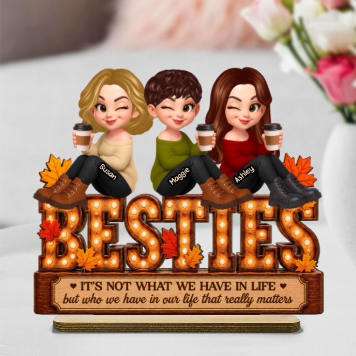 Fall Season Besties Sister Marquee 2D Flat - Personalized Wooden Plaque