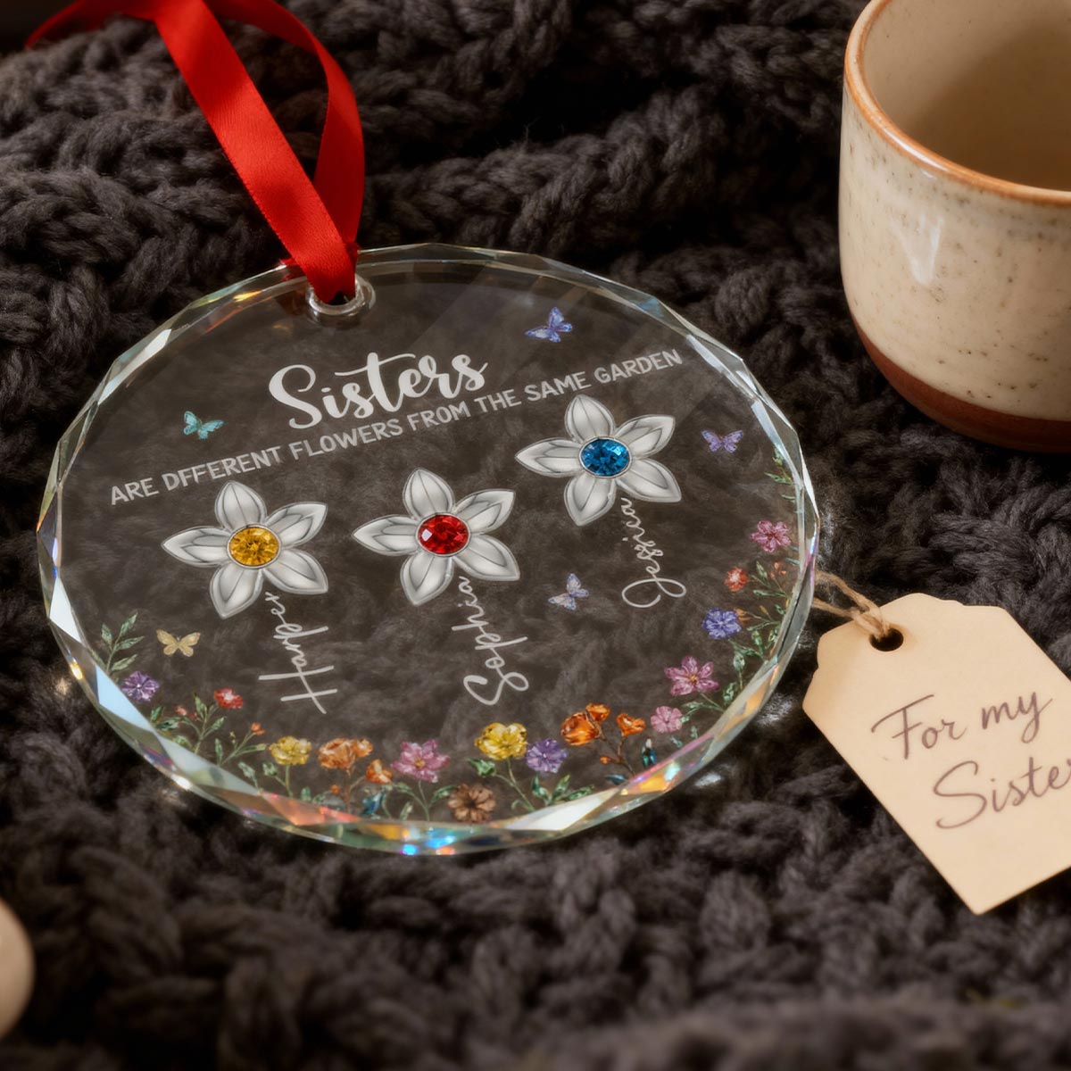 3D Birthstone Effect Custom Color Sisters Different Flowers From Same Garden - Personalized Glass Ornament - Gift For Sisters