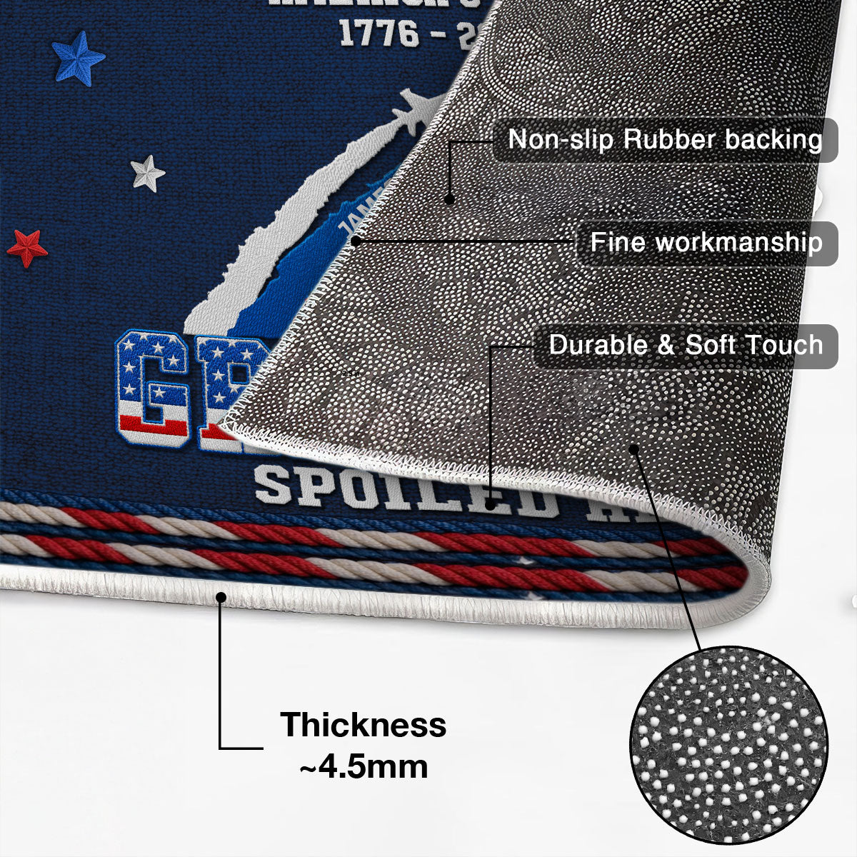 Proud Grandkids Spoiled Here American 250th Anniversary Faux Yarn Texture - Personalized Doormat - 250 Years Of Freedom Decoration, Gift For Grandparents