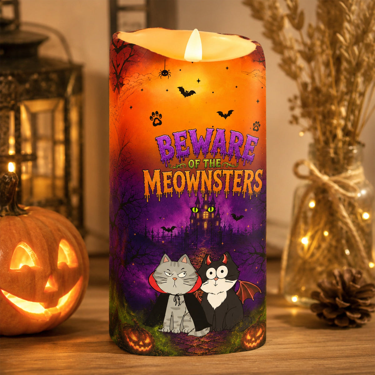 Beware Of The Meownsters - Personalized LED Candle - Purrfect Halloween Decor for Cat Lover