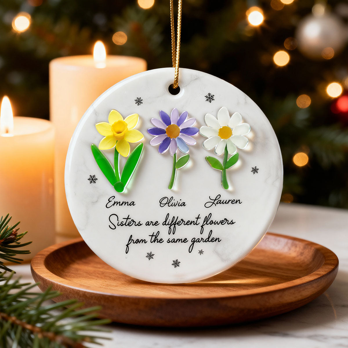 Sisters Are Different Flowers from the Same Garden, 3D Effect Sea Glass - Personalized Ceramic Ornament with Acrylic