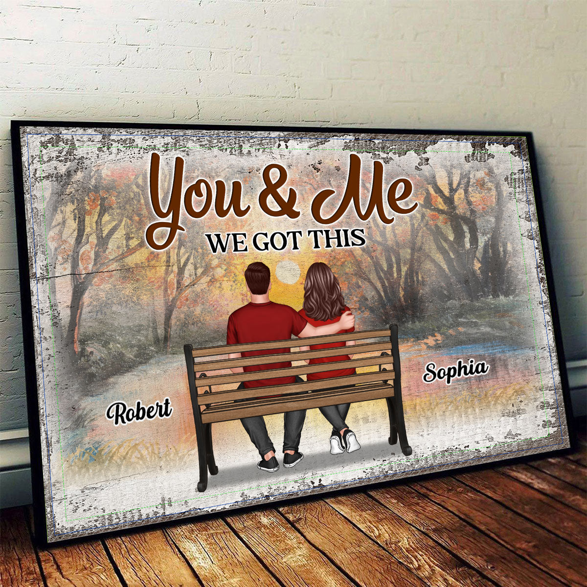 Couple Sitting On Bench Sunset Forest Personalized Horizontal Poster