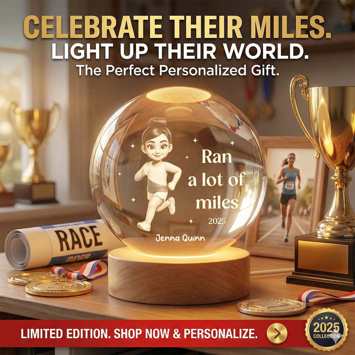 Ran A Lot Of Miles Running Boy Girl - Personalized Crystal Ball LED Night Light - Gift for Marathon Runner, Track Senior Night Gift
