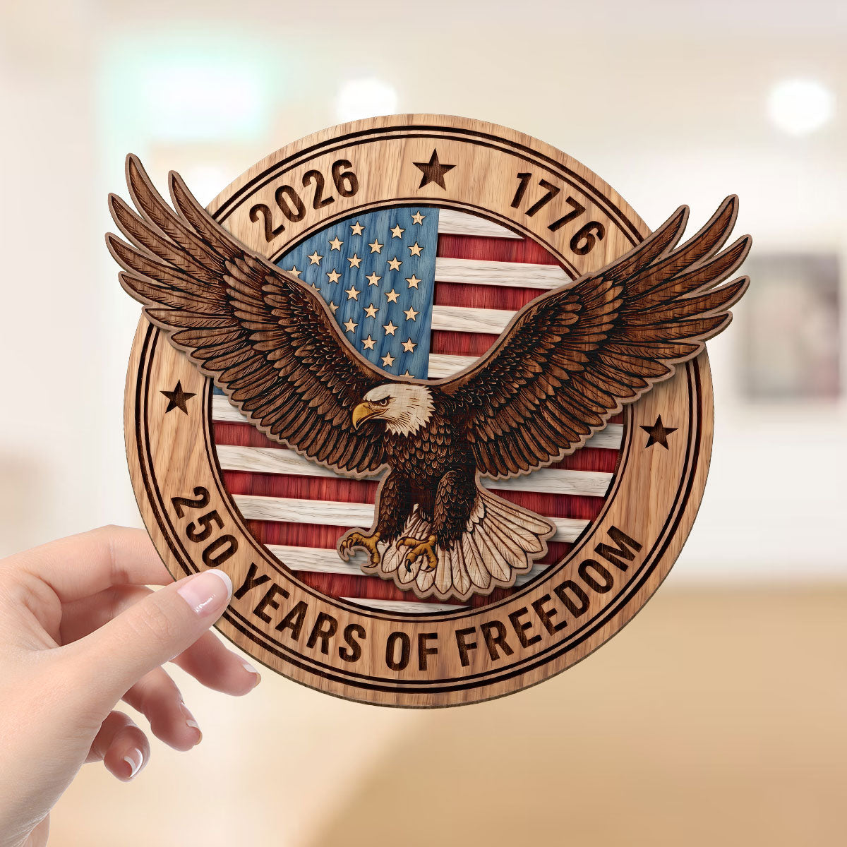 United States 250th Anniversary Eagle & American Flag - Personalized 2-Layered Wooden Plaque - America 250th Anniversary Emblem American Patriot Home Decor