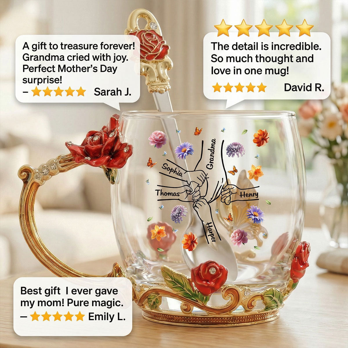 Grandma Mom Holding Kids Hands Birth Month Flowers - Personalized Enamel Flower Tea Cup - Gift For Grandma, Mom