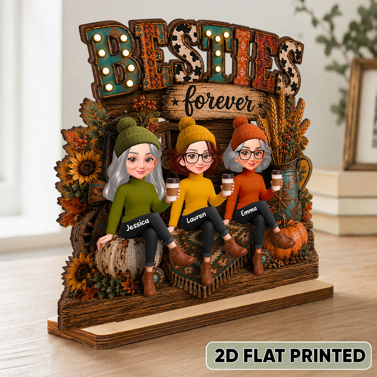 Western Fall Vibe Besties Forever - Personalized 2-Layered Wooden Plaque - Cozy Fall Decor for Best Friends