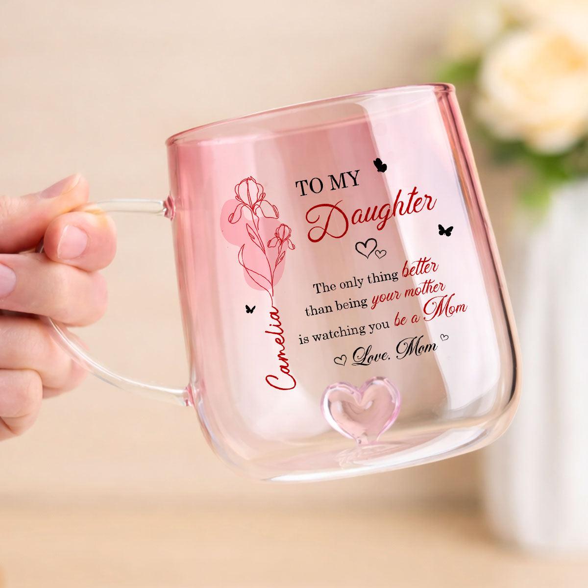 Watching You Be a Mom - Personalized Glass Mug - Custom Birth Month Flower, Heartfelt Mother's Day Gift for Daughter